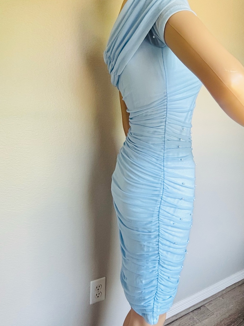SHEIN Light Blue Pearl-Embellished Open Shoulder beaded Bodycon Dress - Picture 13 of 15